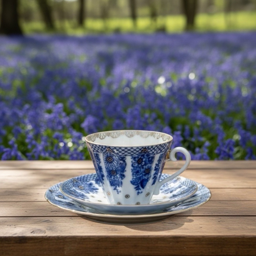 Vtg USSR Lomonosov "Basket Bridesmaid" Tea Cup & Saucer Cobalt Blue Gold Trim